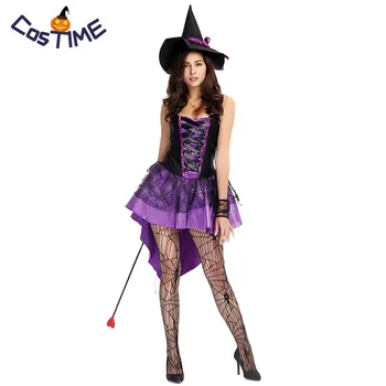 Suaugusiųjų Wicked Witch Kostiumas Seksualus Moterų, Violetinė Smokingas Helovyno Cosplay Spellcaster Klasikinių Pasakų Suknelė Su Juoda Skrybėlę Ragana
