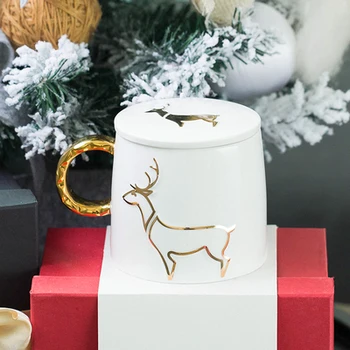 Keramikos Aukso Briedžių Kalėdų Eglutė Puodelis Su Šaukšteliu Pusryčiai Pienas, Kava, Arbata, Puodelis Padengtas Namų Taurės Dovanų Dėžutėje Drinkware