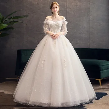 2022 Nauja Seksuali Valtis Kaklo, Ilgomis Rankovėmis Vestuvių Suknelė Elegantiškas Nuo Peties Siuvinėjimo Nėrinių Paprasta Nuotakos Suknelė Chalatas De Mariee