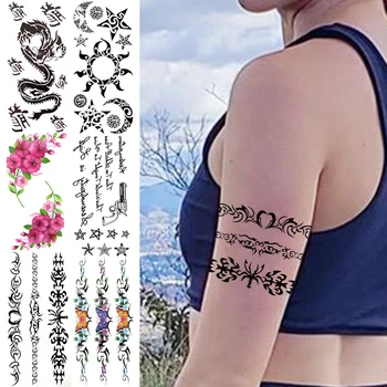 Unikalus Totem Laikinos Tatuiruotės Moterys Vyrai Realus Chna Sun Moon Star Dragon Gėlių Netikrą Tatuiruotę Lipdukas 3D Raištį Tatoos