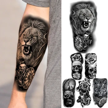 Realus Black Lion Kariai Laikinas Tatuiruotes Vyrai Moterys Suaugusiųjų Kaukolė Rožių Gėlių Kompasas Tigras Netikrą Tatuiruotę Galima Skalbti Tatoos