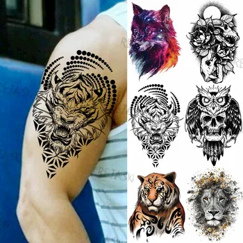 3D Genčių Totem Tigras Laikinas Tatuiruotes Vyrai Moterys Suaugusiųjų Netikrą Vilkas Liūtas, Pelėda Kaukolė Tatuiruotės Lipdukas Rankos Perdavimo Tatoos Raištį