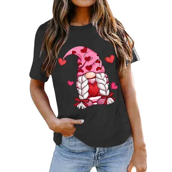Paprastas Tee Marškinėliai Moterims Moterims Valentino Dieną Marškinėliai Mielas Animacinių Filmų Meilės Spausdinti Crewneck Trumpas Rankovėmis Palaidinė Top Tees Moterims Nuotrauka 3