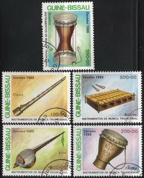 5vnt/Set Bisau Gvinėja Po Antspaudų 1989 M. Meno ir Kultūros Muzikos Instrumentai, Naudojami Rašyti, Pažymėtos Pašto Ženklų Kolekcionavimas