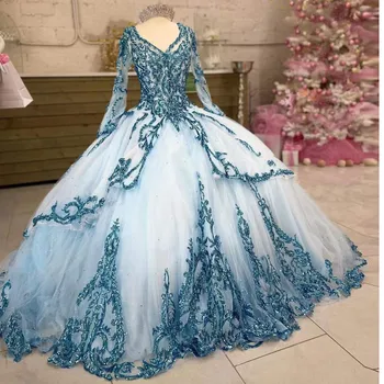 Šviesiai Mėlyna Quinceanera Suknelės Saldus Mergina Blizgančiais Appliques Ilgomis Rankovėmis Tiulio Princesė Kamuolys Suknelė Vestidos De 15 Años Nuotrauka 0