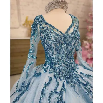 Šviesiai Mėlyna Quinceanera Suknelės Saldus Mergina Blizgančiais Appliques Ilgomis Rankovėmis Tiulio Princesė Kamuolys Suknelė Vestidos De 15 Años Nuotrauka 1