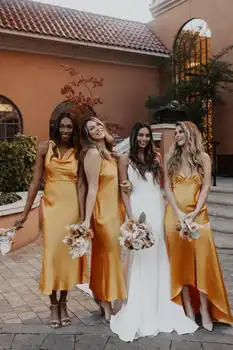 Satino Apvalkalą Bridesmaid Dresses 2020 Spagečiai Dirželiai Tarnaitė Pagyrimu V-Kaklo, Chalatas De Soirée De Mariage Suknelė Vestuves Nuotrauka 2