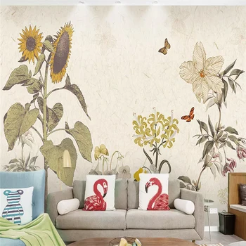 Dekoratyvinės tapetų serija Amerikietiško stiliaus Skandinavijos mažas šviežias stiliaus saulėgrąžų augalų TV foną, sienos dekoratyvinis dažymas