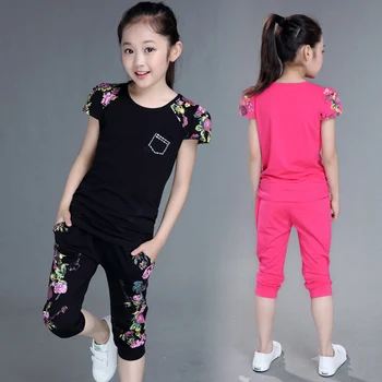 Vaikų drabužiai mergaitėms vasaros 2022 nauja vaikų sporto kostiumas gėlių trumparankoviai vasaros vaikų merginos kostiumas