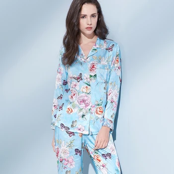Moterų 100% Nekilnojamojo Šilko Pižama Nustatyti 2022 Spausdinti Pižamą Pyjama Femme Miego Lounge Bedgown Šilko Merginos Mėlyna Šilko Kostiumai Sleepwear