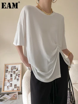 [EAM] Moterys, Balta Pilka Apačia Ritininės Didelis Dydis Atsitiktinis marškinėliai Naujas Apvalios Kaklo Pusė Rankovės Mados Banga Pavasario Vasaros 2023 1DE8830