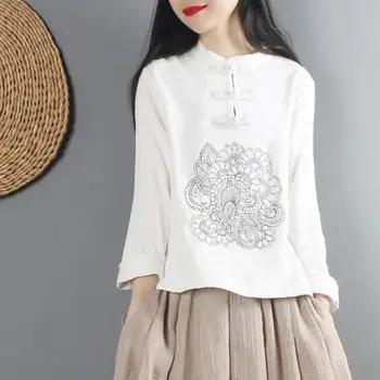 2021 m. Rudens kinijos viršūnių šiuolaikinės kinų stiliaus cheongsam palaidinė retro qipao marškinėliai tradicinių drabužių lino palaidinė