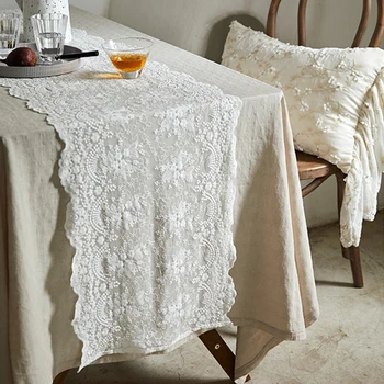 Baltos spalvos nėrinių medvilnės staltiesė romantiškų akių siuvinėjimo stačiakampio stalo vėliavos diržo vestuves stalo apdailos