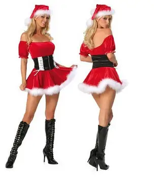 Seksualus Cosplay apatinis Trikotažas Raudona Stebėjimo Santa Talismanas Kostiumas Diržo Skrybėlę Suknelė 3 Gabalus Kalėdų Drabužius Vaidmenų žaidimas Suknelė Moterims WL21