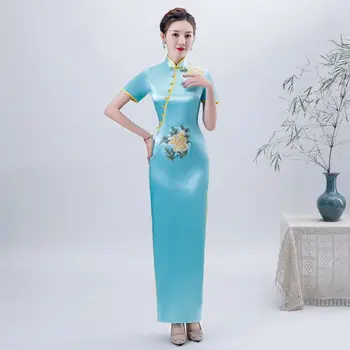 Prabanga Spalvingas Moteris Ilgai Mygtuką Qipao Kinijos Tradicinės Trumpas Rankovės Elegantiškas Cheongsam Slim Vakare Šalis Suknelė Naujiena Nuotrauka 3
