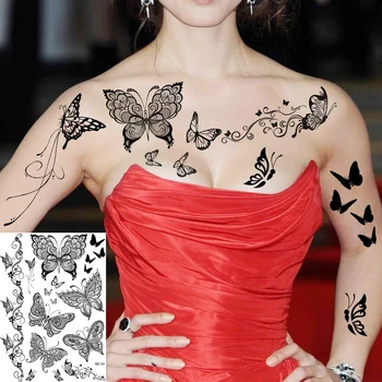 Juoda Mandala Gėlių Laikinos Chna Tatuiruotės Moterys, Merginos Drugelis DreamCatcher Chna Netikrą Tatuiruotę Lipdukas Rankos Tatoos 3D Nuotrauka 4
