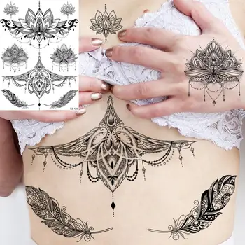 Juoda Mandala Gėlių Laikinos Chna Tatuiruotės Moterys, Merginos Drugelis DreamCatcher Chna Netikrą Tatuiruotę Lipdukas Rankos Tatoos 3D Nuotrauka 5